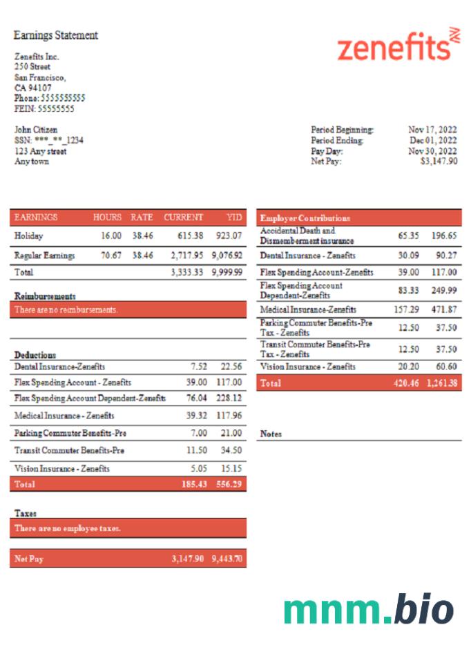 USA Zenefits technology company pay stub